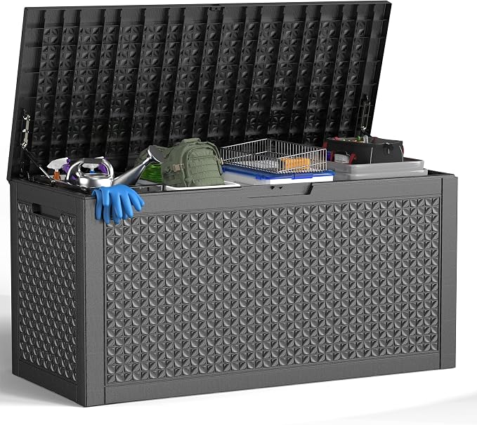 PatioZen 100 Gallon Resin Deck Box Outdoor Storage Box with Lockable Lid, Waterproof for Patio Cushions, Gardening Tools & Exercise Equipment