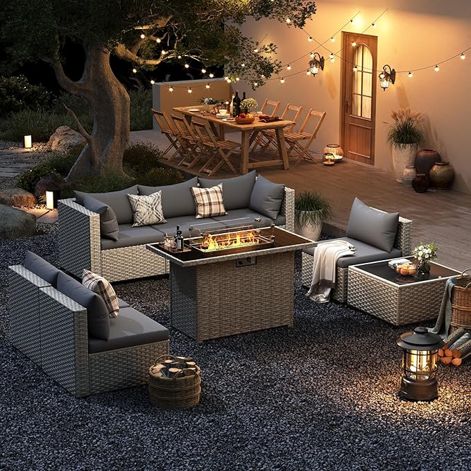 UDPATIO Patio Furniture Set with Fire Pit Table, 8 Pieces Outdoor Sectional Sofa, PE Wicker Patio Conversation Set for Garden, Backyard Grey