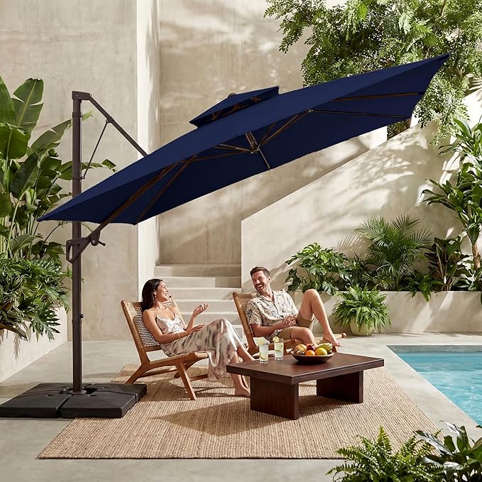 JEAREY 11ft 2-Tier Cantilever Patio Umbrella, Large Square Outdoor Offset Umbrella with Double Top Vent and 360-degree Rotation for Garden, Deck, Pool, Patio, Navy