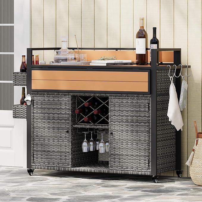 Outdoor Bar Table on Wheels with Extended Table Top and Storage Cabinet ﻿