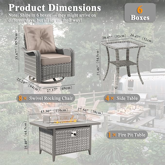 13 Piece Wicker Patio Furniture Set with 55,000 BTU Fire Pit Table, Swivel Rocking Chairs, 4''Cushions, PE Rattan, Wind Guard Glass, for Backyard, Deck or Balcony, Beige