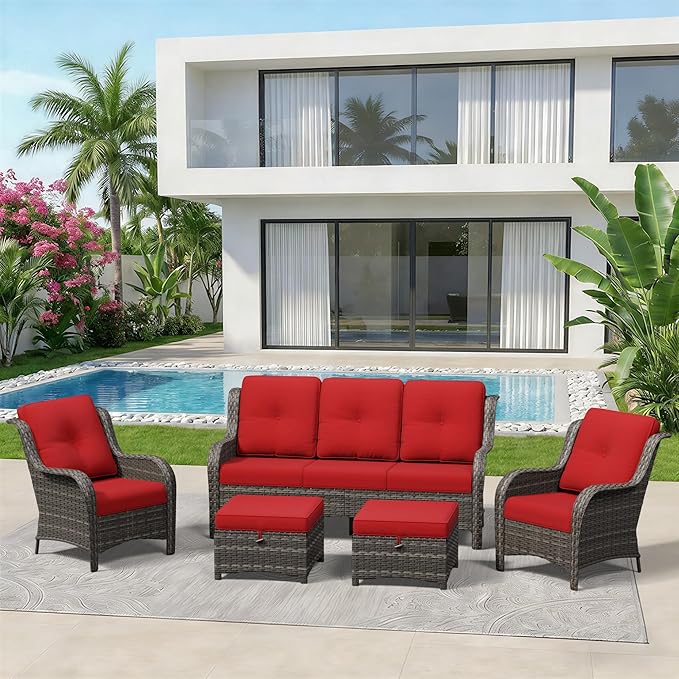 5 Piece Outdoor Wicker Patio Furniture Set, Patio Chairs Set with Thickened Olefin Cushions, High Back and Deep Seating, Hand-Woven PE Rattan, Ottoman for Porch, Deck
