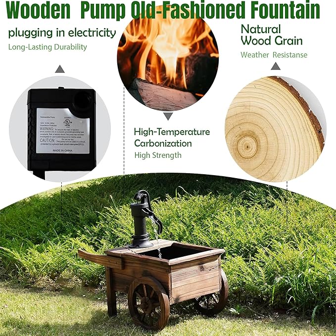 NestNature Outdoor Water Fountain,Wooden Wagon Wheel Pump Old-Fashioned Fountain,Electric Decorative Hand Pump, Outdoor Water Feature for Patio, Garden & Indoor Decoration