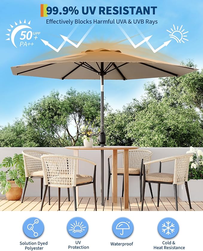 GarveeLife 9 ft Patio Umbrella, Outdoor Table Market Umbrella with Push Button Tilt and Crank, 8 Sturdy Ribs UV Protection Waterproof for Garden, Deck, Backyard, Pool (Tan)
