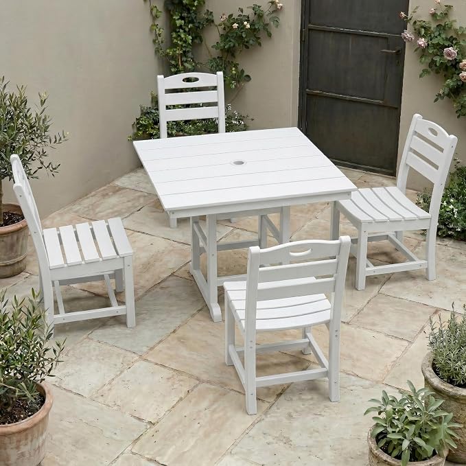 KEIKI 5-Piece HDPE Outdoor Dining Set with 4 Chairs for Porch Deck Yard All-Weather Durable Square Table Outdoor Furniture Compact Dining Maintenance Classic Bistro Set White