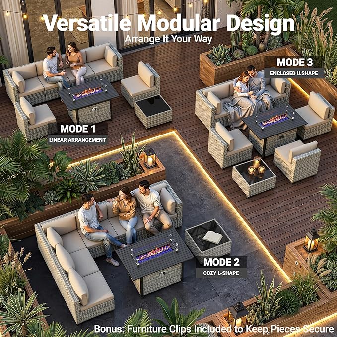 8-Piece Modern Patio Conversation Set with 55,000 BTU Fire Pit Table, Thick Cushions, Dual-Strand Wicker Rattan, Rust-Resistant Frame, Khaki