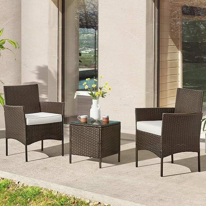 Outdoor Patio Furniture Set – 3-Piece Rattan Seating Combo with 2 Cushioned Chairs and Table for Deck or Front Porch Furniture by Lavish Home (Brown)