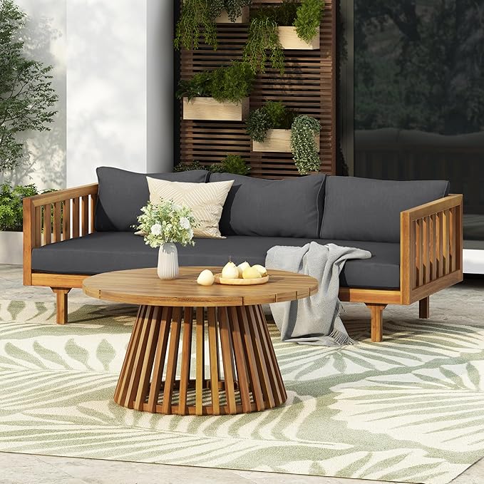 Christopher Knight Home Charm Patio Conversation Set, 3 Seater Acacia Wood Sofa, Spacious Seating Daybed, Wood Coffee Table, Round Side Table, Outdoor Furniture for Backyard Garden Rest, Dark Gray