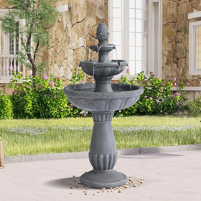 40.6" High Large Italian Outdoor Water Fountain, 3-Tier Standing Bubbler Waterfalls Fountain with Pineapple Top and Roman Pillar, Resin Garden Fountains for Patio, Yard and Deck