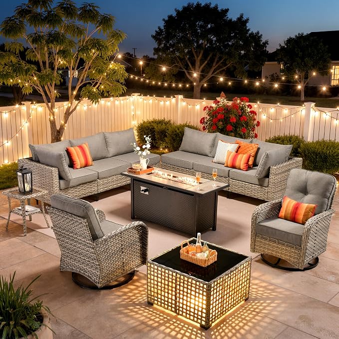 11 Piece Patio Furniture Set Outdoor Sectional with 54" Fire Pit Table, Wicker Swivel Rocking Chairs and L-Shaped Rattan Couch, Modular Conversation Set with Solar Coffee Table for Backyard, Dark Gray