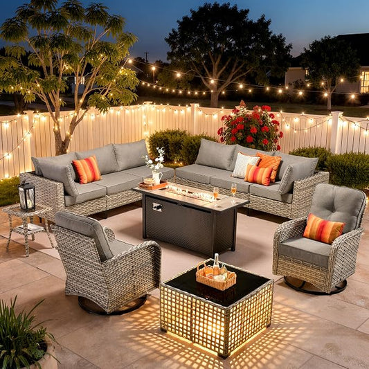 11 Piece Patio Furniture Set Outdoor Sectional with 54" Fire Pit Table, Wicker Swivel Rocking Chairs and L-Shaped Rattan Couch, Modular Conversation Set with Solar Coffee Table for Backyard, Dark Gray