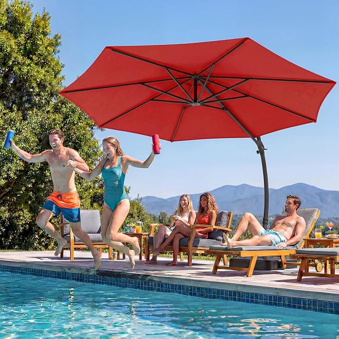 LAUSAINT HOME 11FT Curvy Cantilever Patio Umbrella with Base, 360° Rotation Offset Outdoor Umbrella, Heavy Duty Hanging Umbrella for Backyard, Pool, Garden（Red）