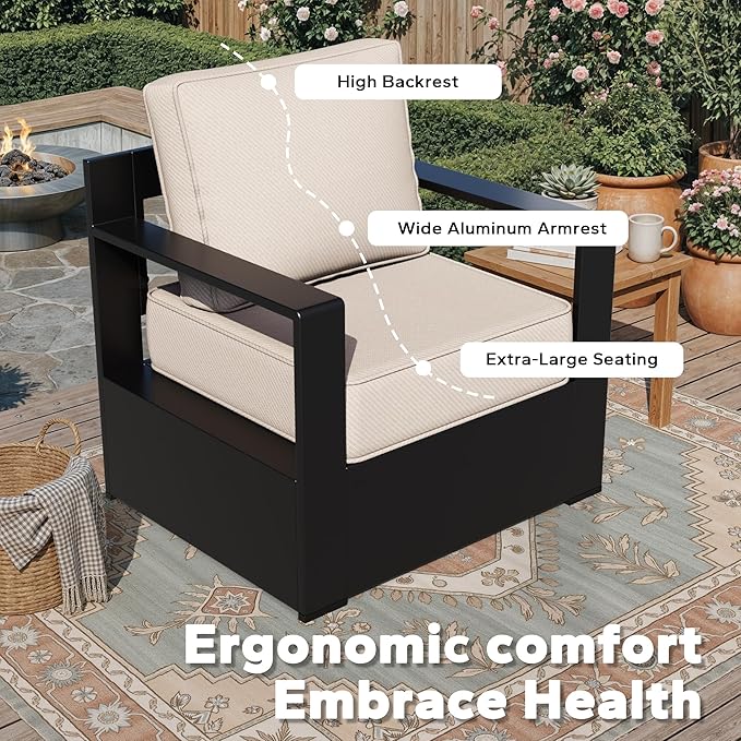 Outdoor Aluminum Furniture, Patio Chairs with 6" Thick Removable Cushions, All-Weather Metal Frame, Deep Setting for Garden, Poolside and Porch
