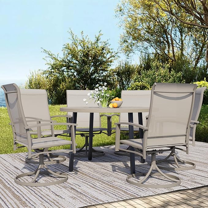 All-Weather 47" Round Outdoor Patio Table for 6, Metal Ivory Dining Table with Adjustable Umbrella Hole, Garden, Backyard & Deck Bistro Table