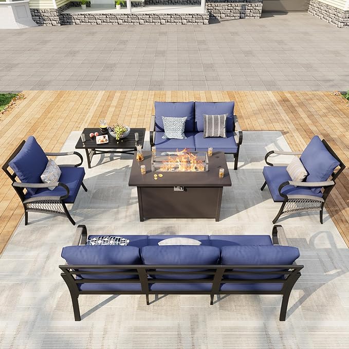 6 Pieces Modern Patio Furniture Set, All Weather Metal Outdoor Conversation Sets with Fire Pit Table for Backyard Garden Deck Porch Poolside, Blue