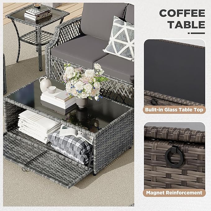 HOMREST 6 Piece Patio Furniture Set, Wicker Outdoor Conversation Sofa Set with Swivel Chairs, Loveseat, Storage Coffee Table, Rattan Outdoor Sectional for Deck Backyard Porch（7 Seats, Gray