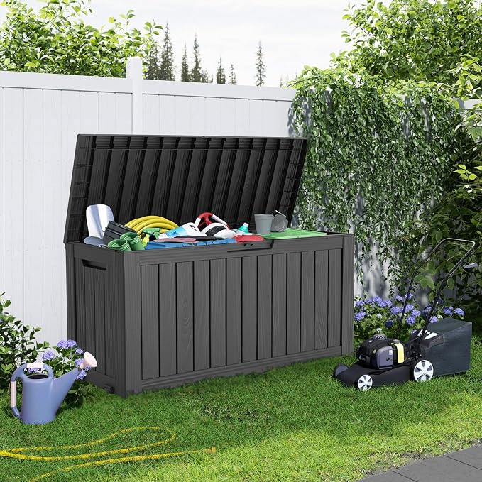 PatioZen 75 Gallon Large Deck Box,Resin Outdoor Storage Box with Lockable for Patio Furniture, Pool Accessories, Garden Tools Waterproof Outside Storage Box, Black