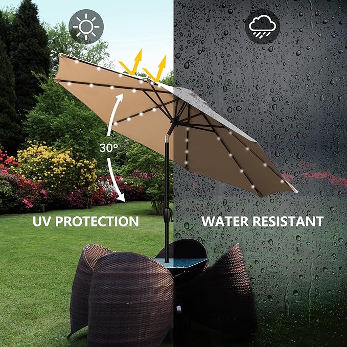 9' Round Patio Umbrella with 32 Solar Powered LED Lights, Push-Button Tilt and Hand Crank Lift, Solar Umbrella in Taupe for Porch, Deck, and Patio by Sun-Ray