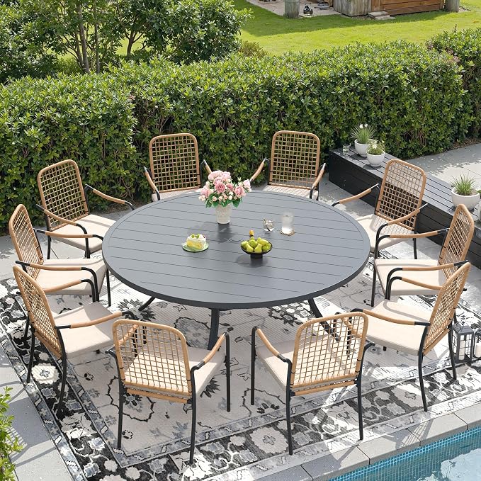 DIFY 11 Pieces Outdoor Dining Set for 10, 63" Round Dining Table with Umbrella Hole & Wicker Stackable Patio Chairs with Cushions, Metal Patio Table and Chairs Set for Backyard Porch Garden, Grey