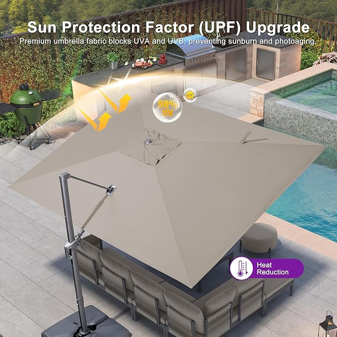 PURPLE LEAF Patio Umbrella 9' X 11.5' Cantilever Umbrella with Central Lights and Base Aluminum Outdoor Umbrellas with 360-degree Rotation & UPF40+ Fabric for Deck Pool Garden Yard, Ash Mocha