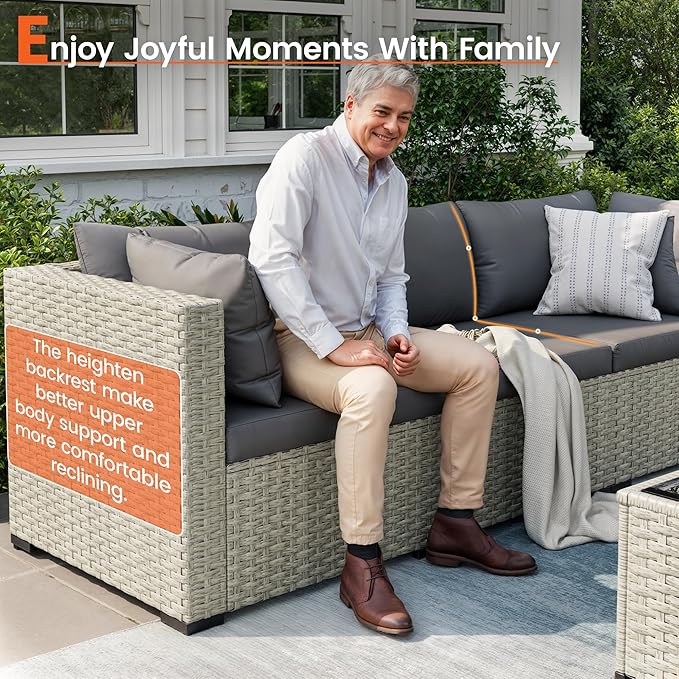 8 Piece Patio Furniture Set with 44" Fire Pit Table, Outdoor Sectional Wicker Rattan Sofa Set with Coffee Table (Grey/Grey)