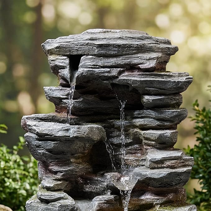 20-Inch Outdoor Water Fountain, 5-Tier Cascading Rock Resin Water Fountain with Warm LED Light, Stone Imitation, Outdoor Water Feature for Garden, Patio, Yard, Deck, Porch, Lawn in Gray