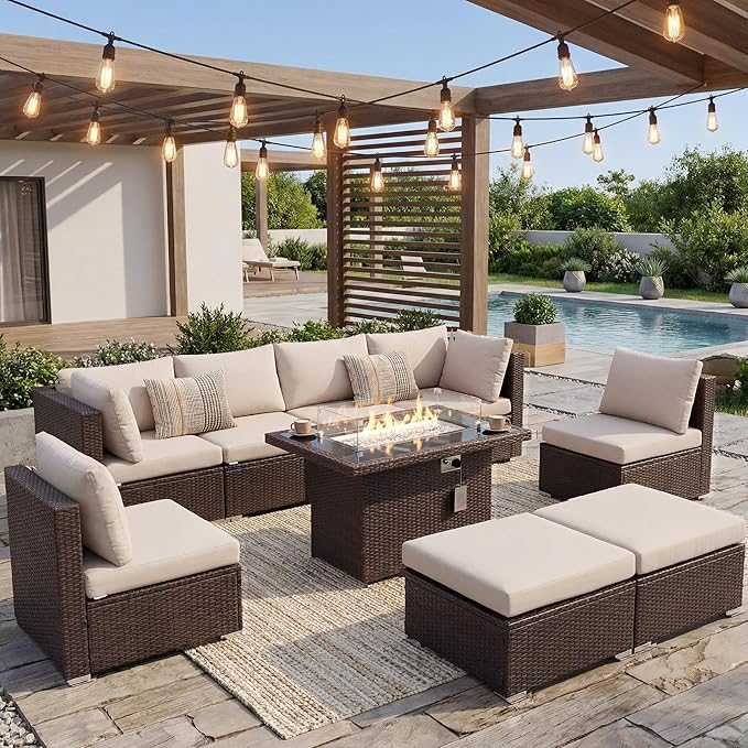 BULEXYARD 9 Piece Highback Patio Furniture Set with Fire Pit Table, Modern Modular Outdoor Sectional Couch Sofa with Ottoman, 8-Seater Backyard Seating for Exterior, Deck, Brown Wicker & Beige Cushion