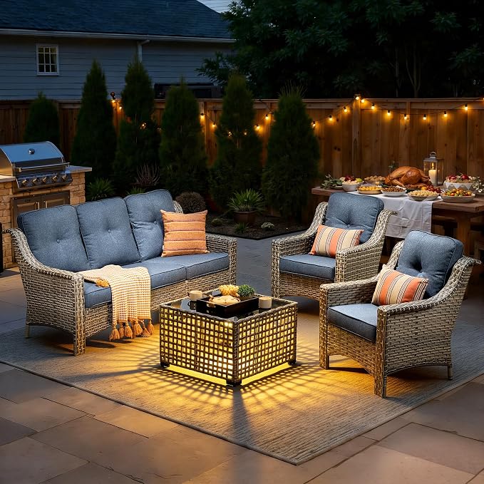 4 Piece Outdoor Patio Furniture Set, All Weather Waterproof Wicker High Back Conversation Set, Two Single Chairs, Solar Light Coffee Table, Outside Furniture for Porch Balcony, Diamond Blue