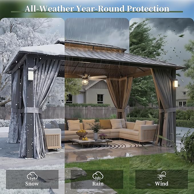 Aoxun 14'x10' Hardtop Gazebo with 4 LED Lights, Outdoor Gazebo with Galvanized Steel Double Roof, Patio Gazebo with Breathable Netting & Privacy Curtain, Decor Hooks for Backyard, Gray