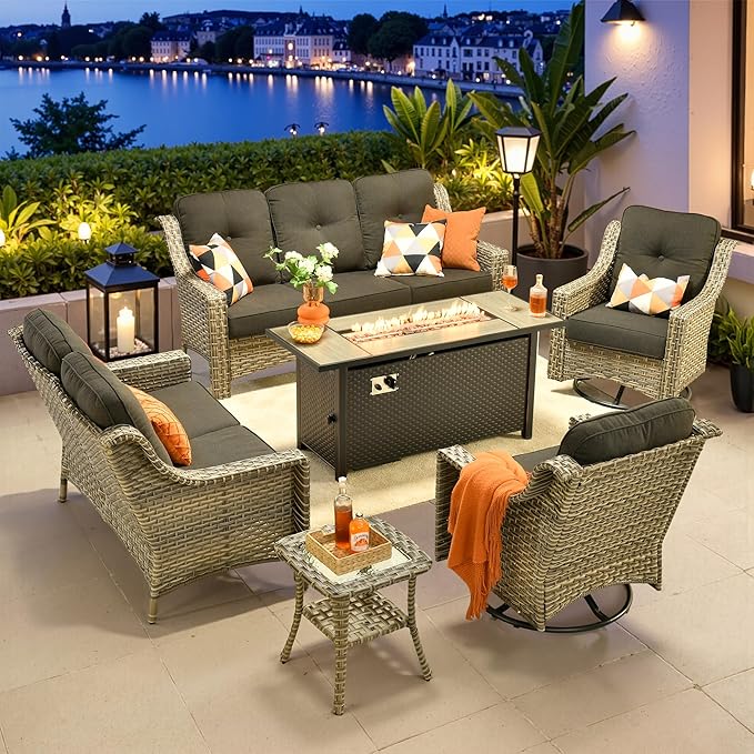 6 PCS Outdoor Patio Furniture Sets,Patio Conversation Sets Outside Rattan Soft Cushion Sofa with 2 Wicker Rocking Chairs & 54 in Fire Pit Table Fit Backyard Porch Garden Poolside Balcony,Black