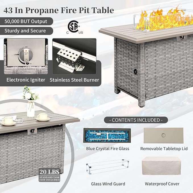 WAROOM Patio Furniture Set 4 Piece Outdoor Wicker Conversation Sets PE Rattan Couch Sectional Sofa with Fire Pit Table, Grey Cushion