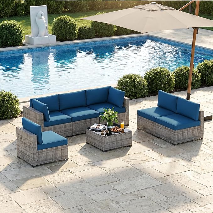 Patio Furniture Set 7 Pieces Conversation Set Wicker Outdoor Sectional Sofa,Ergonomic Armrests Couch with Cushion and Glass Table (Grey White-Peacock Blue, 7 Piece-Single)