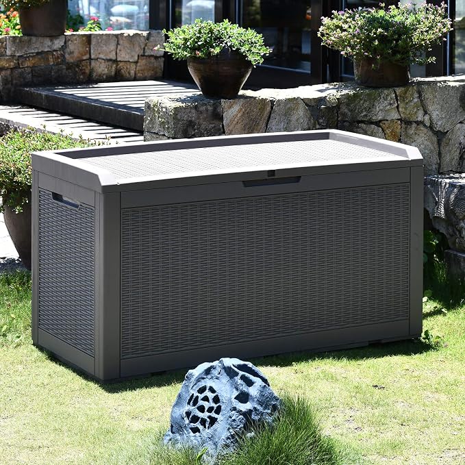 Modern-Depo 100 Gallon Deck Box Waterproof Outdoor Storage Bench | Polypropylene PP Pool Towel Storage Bin Porch Delivery Box with Seat Cushion, Gray