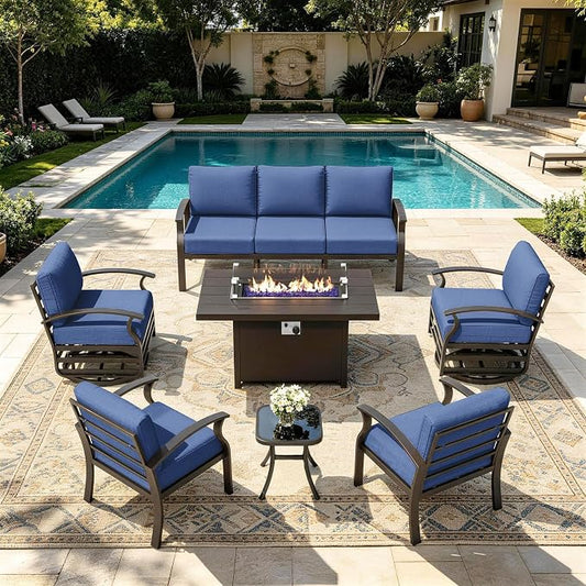 Kurapika Aluminum Patio Furniture Set 7-Seat Modern Metal Outdoor Conversation Sets w/45in Propane Fire Pit Table, Swivel Rocking Chairs Patio Sectional Sofa w/5.1 Inch Cushion, Navy Blue