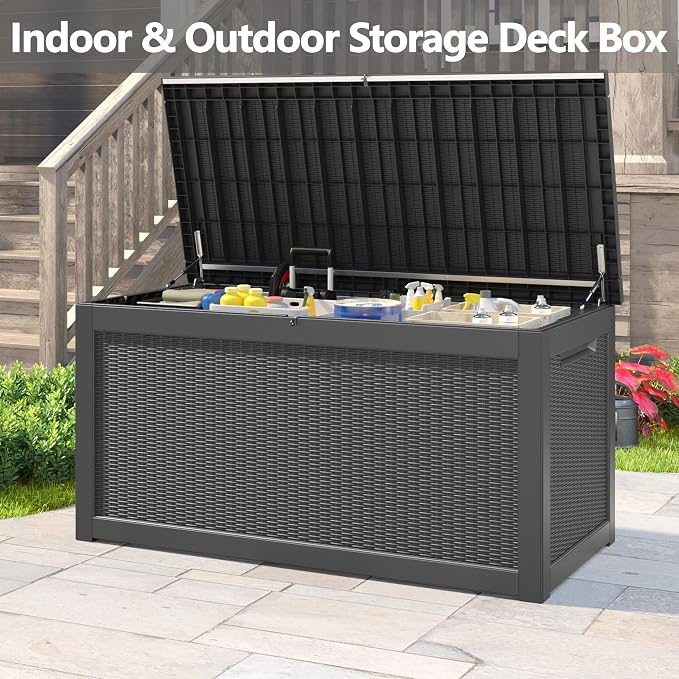 Bifanuo Outdoor Storage Box, 260 Gallon Deck Boxes Waterproof, Resin Storage Cabinet Multi Functional Storage Bench For Gardening Tools, Pool Supplies, Patio Furniture, Lockable