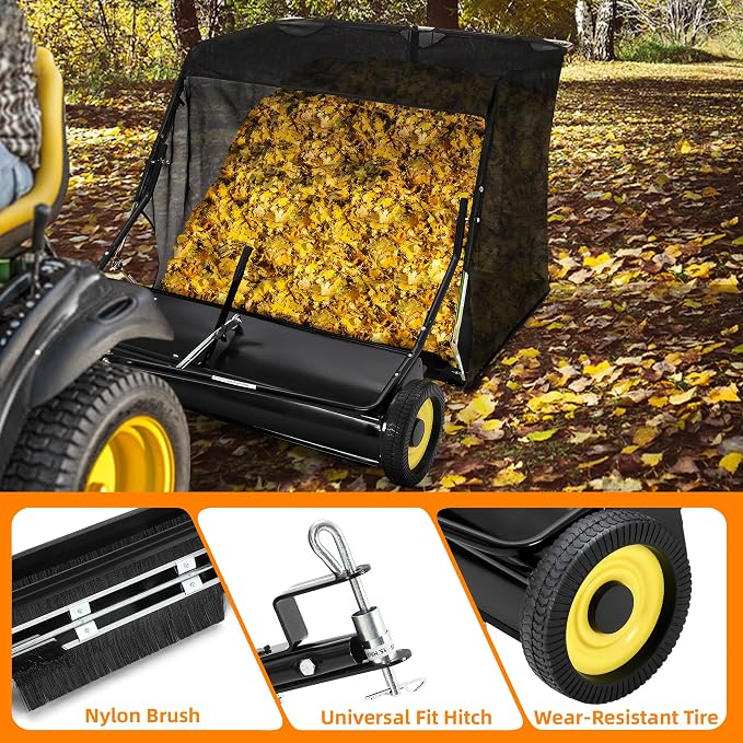 Tow Behind Lawn Sweeper, 50" Pull Behind Collector – Large Capacity Leaf & Grass Collector with Adjustable Height, Dumping Rope Design for Debris and Lawn Clippings