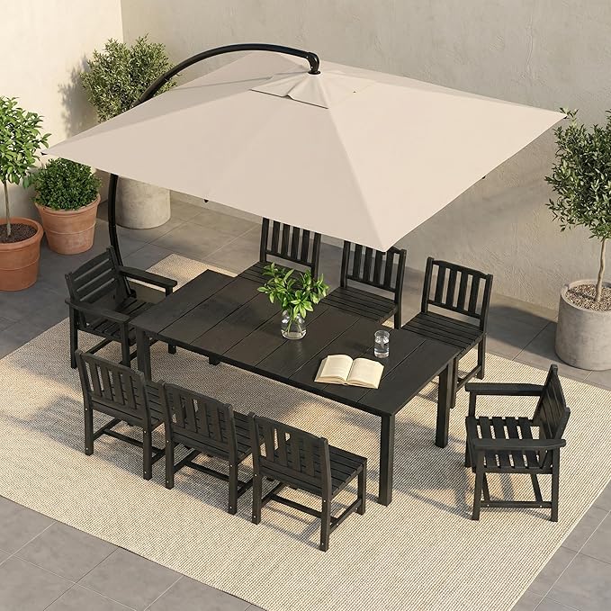 HDPE Outdoor Dining Set for 8, 9-Piece Outdoor Dining Table Set with 11FT Cantilever Umbrella, Patio Table and Chairs Set with Aluminum Frame & Legs (Black)
