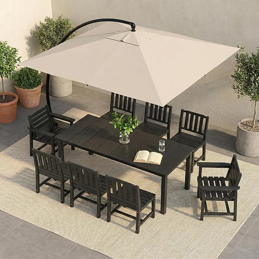HDPE Outdoor Dining Set for 8, 9-Piece Outdoor Dining Table Set with 11FT Cantilever Umbrella, Patio Table and Chairs Set with Aluminum Frame & Legs (Black)