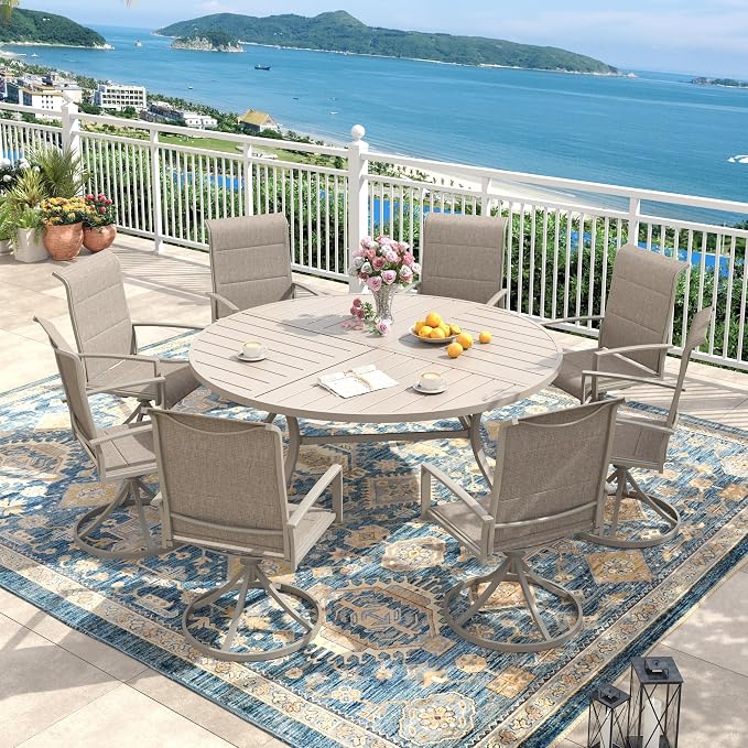 Outdoor Dining Set for 8, 60.1" Outdoor Dining Table with Umbrella Hole and Padded Textilene Patio Swivel Chairs, 9 Pieces Patio Table and Chairs Set for Garden Backyard, Sandshell