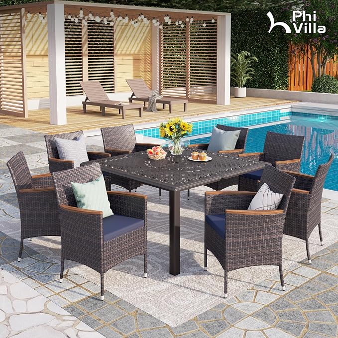 PHI VILLA 9 Pieces Cast Aluminum Outdoor Dining Set for 8, Square Metal Table with Umbrella Hole & Cushioned Rattan Wicker Chairs, Dining Furniture Set for Patio, Deck, Yard and Porch
