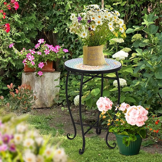Bonnlo Mosaic Side Table Livingroom Coffee Table Plant Table Outdoor Garden Patio Balcony (Sun)