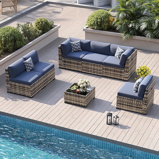 Patio Furniture Sets, 7-Piece Outdoor Patio Furniture with Thick Cushions,Coffee Table Outdoor All-Weather Conversation Set Sectional Sofa for Backyard, Poolside, Garden(Navy Blue)