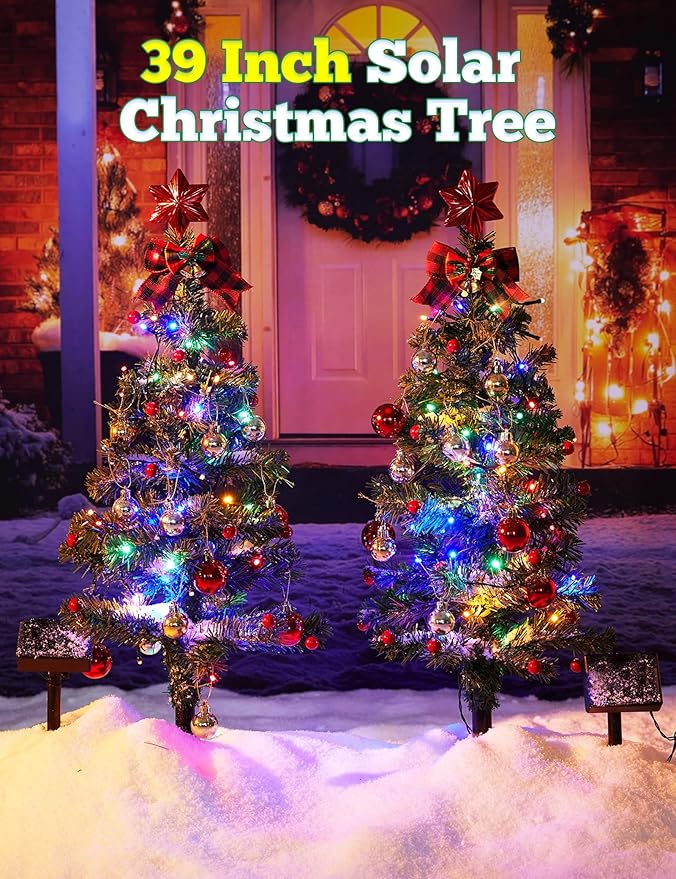 100LED Solar Christmas Tree Lights Outdoor Waterproof, 8 Modes Large Solar Christmas Trees Lights with Xmas Ball & Red Berry, Solar Powered Christmas Decorations for Outside Pathway Garden Yard Decor