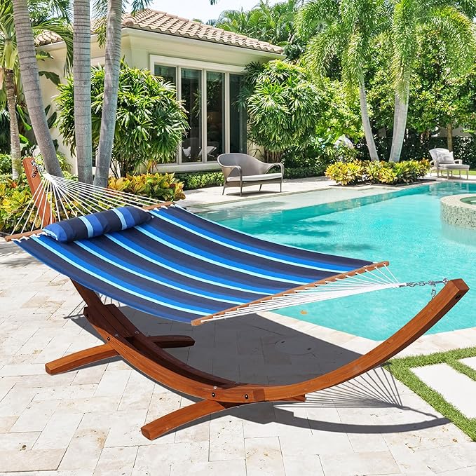 Lazy Daze Hammocks 12 FT Sunbrella Fabric Hammock not Fading with Spreader Bars and Free Pillow Fits for 2 Persons, All Weather and Fade Resistant for Patio Yard, 450 lbs Capacity, Gateway Indigo