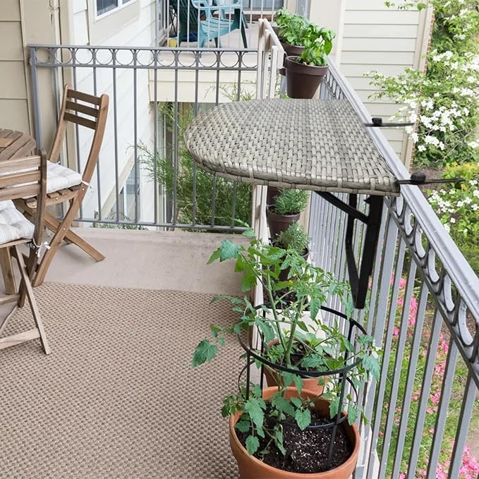 Oakland Living Tan Indoor and Outdoor Foldable Wicker Balcony Table with Metal Frame and Adjustable Clamps