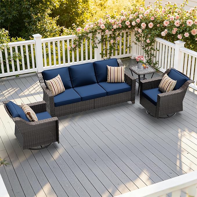4 Pieces Patio Conversation Furniture Set - 1 Sofa, 2 Swivel Chairs, 1 Side Table, Outdoor Wicker Furniture with Removable Cushions for Porch, Balcony, Sunroom (Blue)