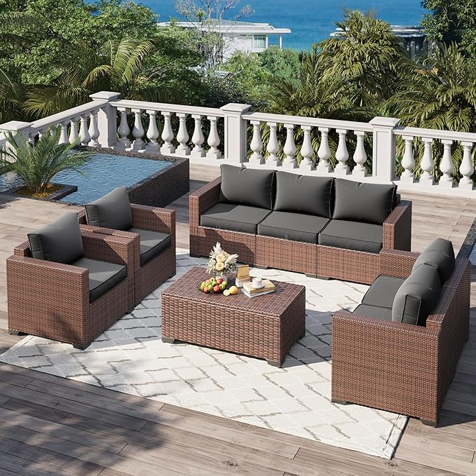 Patio Furniture Set,5 Piece Wide Armrest Outdoor Furniture Chair with 4" Thickened Cushion,Wicker Patio Conversation Sets with Waterproof Covers for Backyard, Porch(Grey)