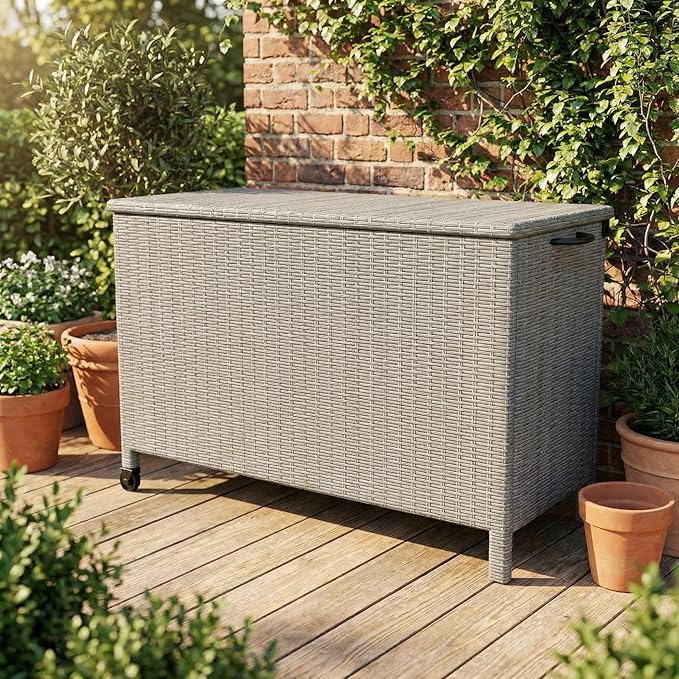 GarveeLife Outdoor Wicker Storage Box, PE Rattan Patio Storage Chest with Steel Frame, Weather-Resistant Deck Storage Box for Cushions, Garden Tools & Pool Accessories – Gray Wicker