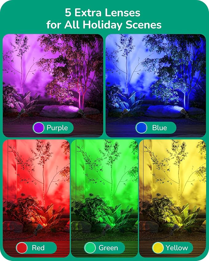 EDISHINE 120V LED Outdoor Spotlight, 5 Extra Lenses (RGB Purple Blue), 5.5W 5000K Plug in Spotlight Outdoor, Waterproof Landscape Light for Yard, Holiday Tree Flag Light, UL Listed