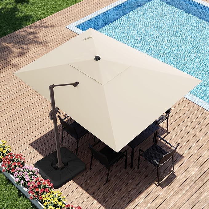 9x12 FT Cantilever Patio Umbrella with Base, Large Rectangular Offset Outdoor Umbrella with 360° Rotation, Heavy Duty Shade Umbrella for Garden Backyard Deck Poolside Courtyard, Beige
